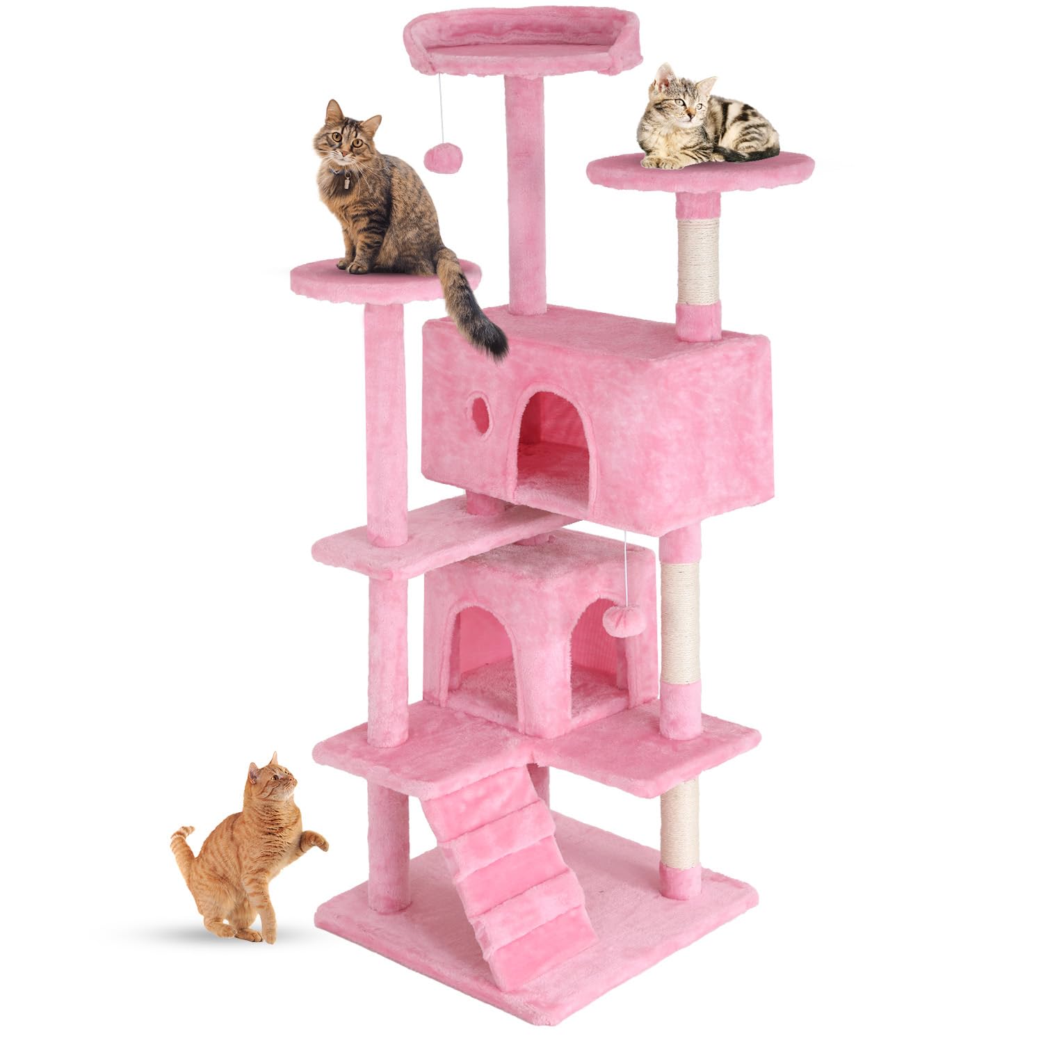 FDW 54in cat tree tower pink multi level offers secure climbing for kittens