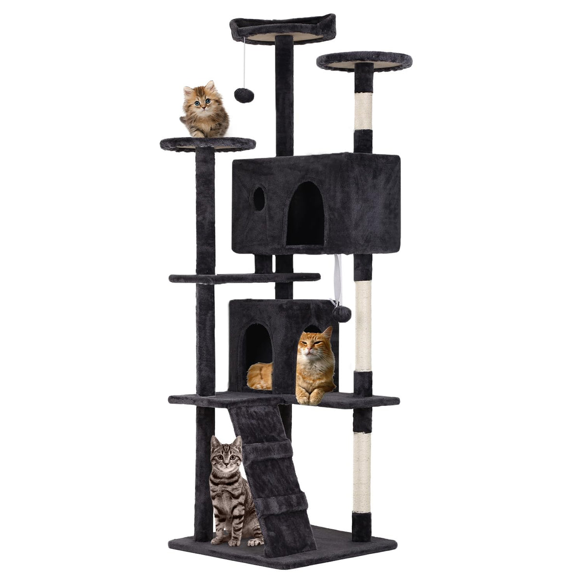 FDW 70-Inch Cat Tree Tower dark gray, inviting climbing and tranquil lounging.