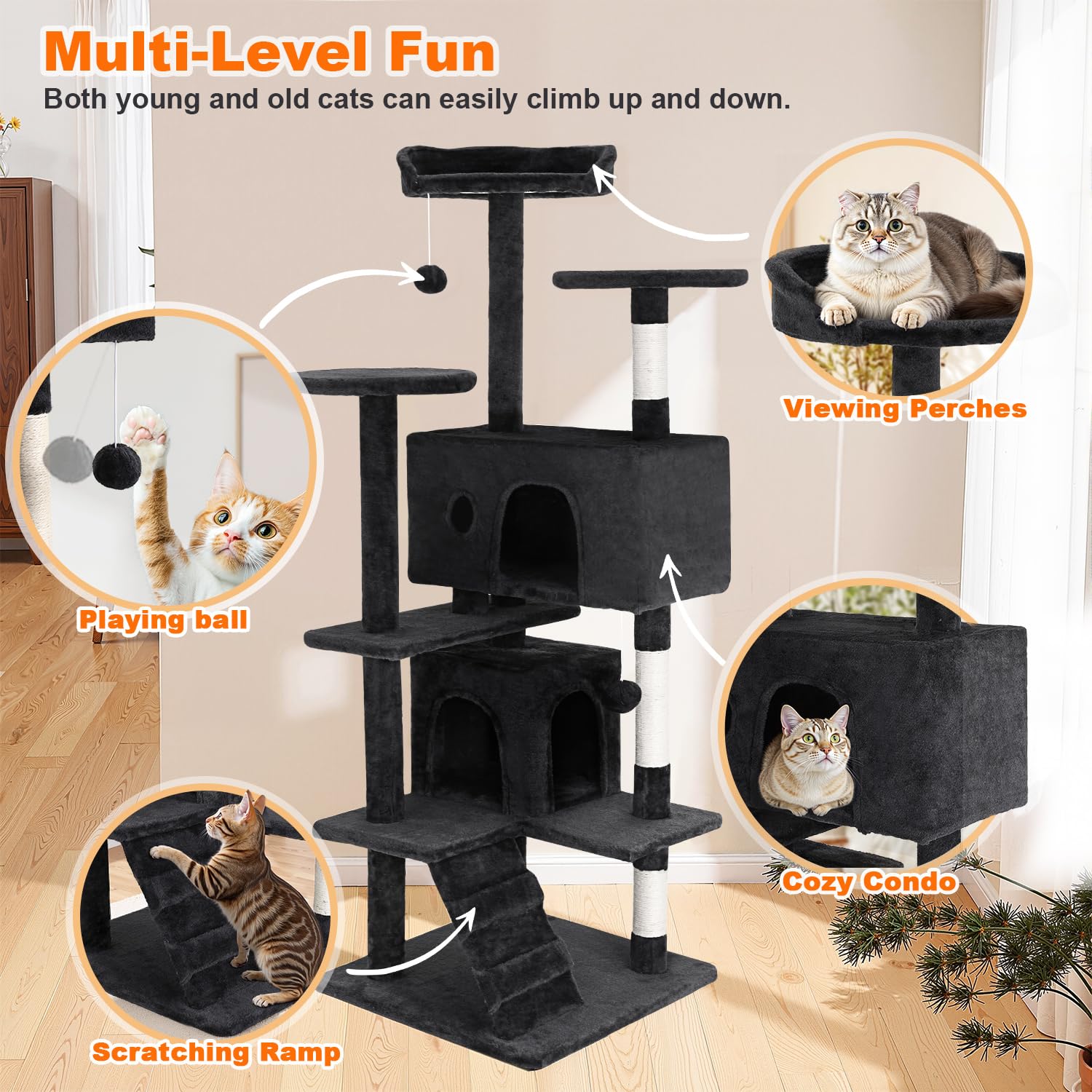 FDW Cat Tree 54in stable construction with wall strap enhances safety and balance.