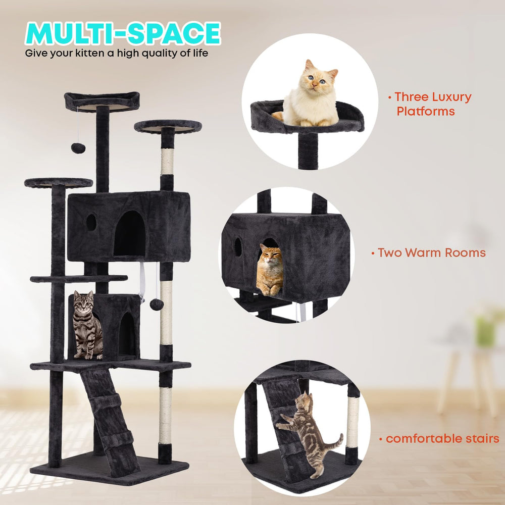 FDW cat tree with hanging toy for dynamic play and exercise.