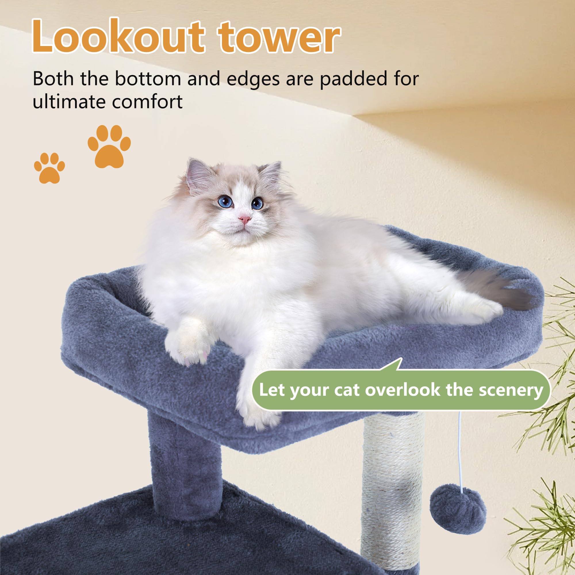 Interactive dangling ball on FDW cat tree sparks play and hunting instincts.