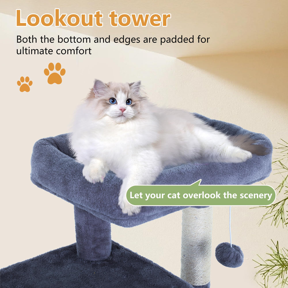 Interactive dangling ball on FDW cat tree sparks play and hunting instincts.
