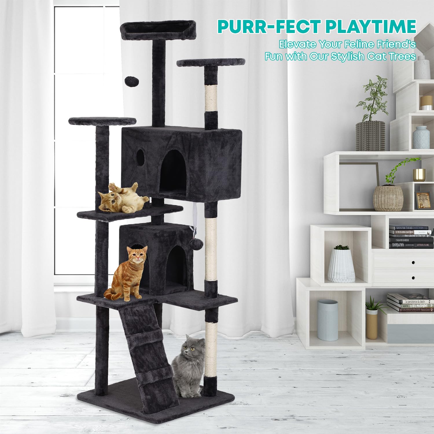 FDW cat tree with multi-level perches for elevated feline viewing.