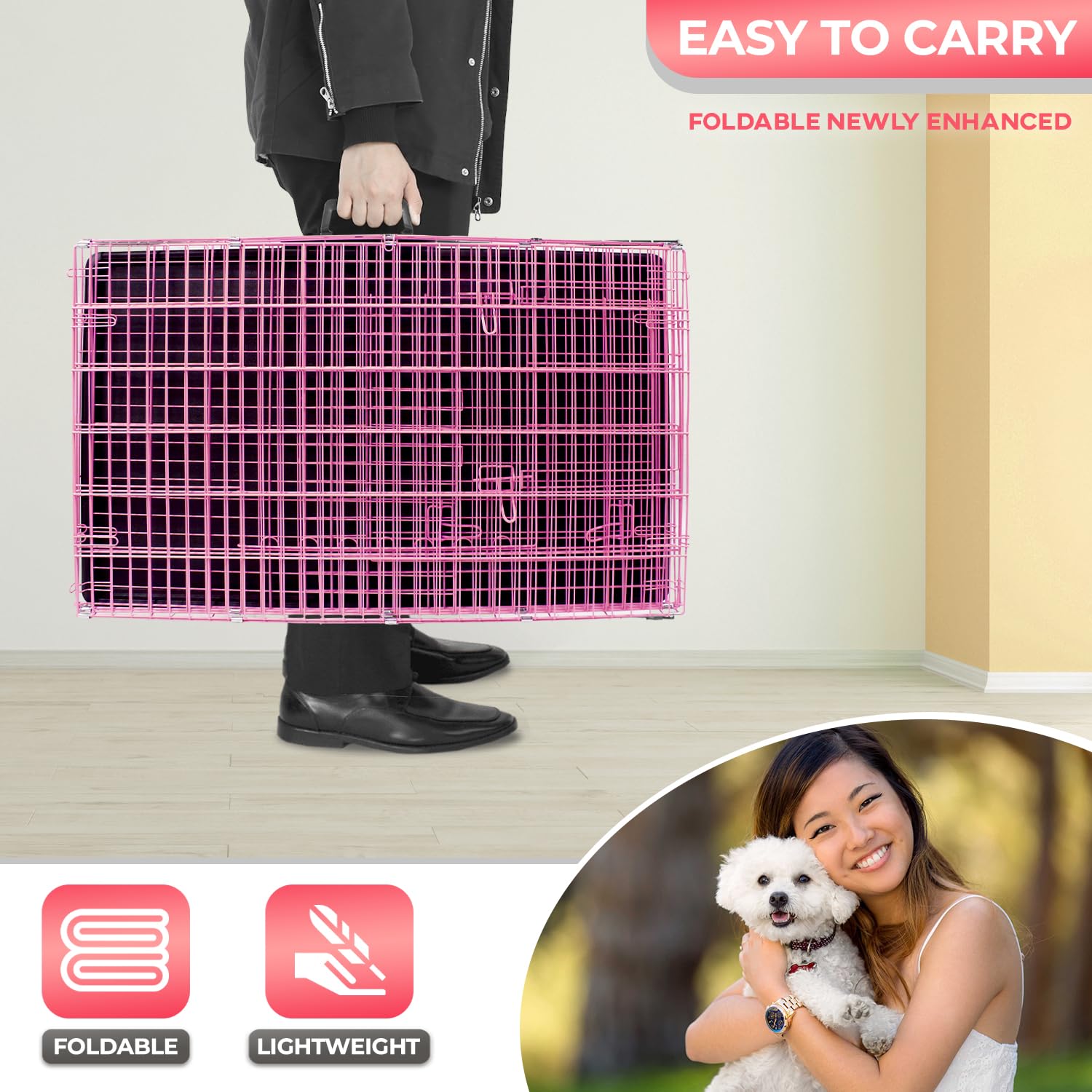 FDW 24in dog crate folded for compact storage and portability.