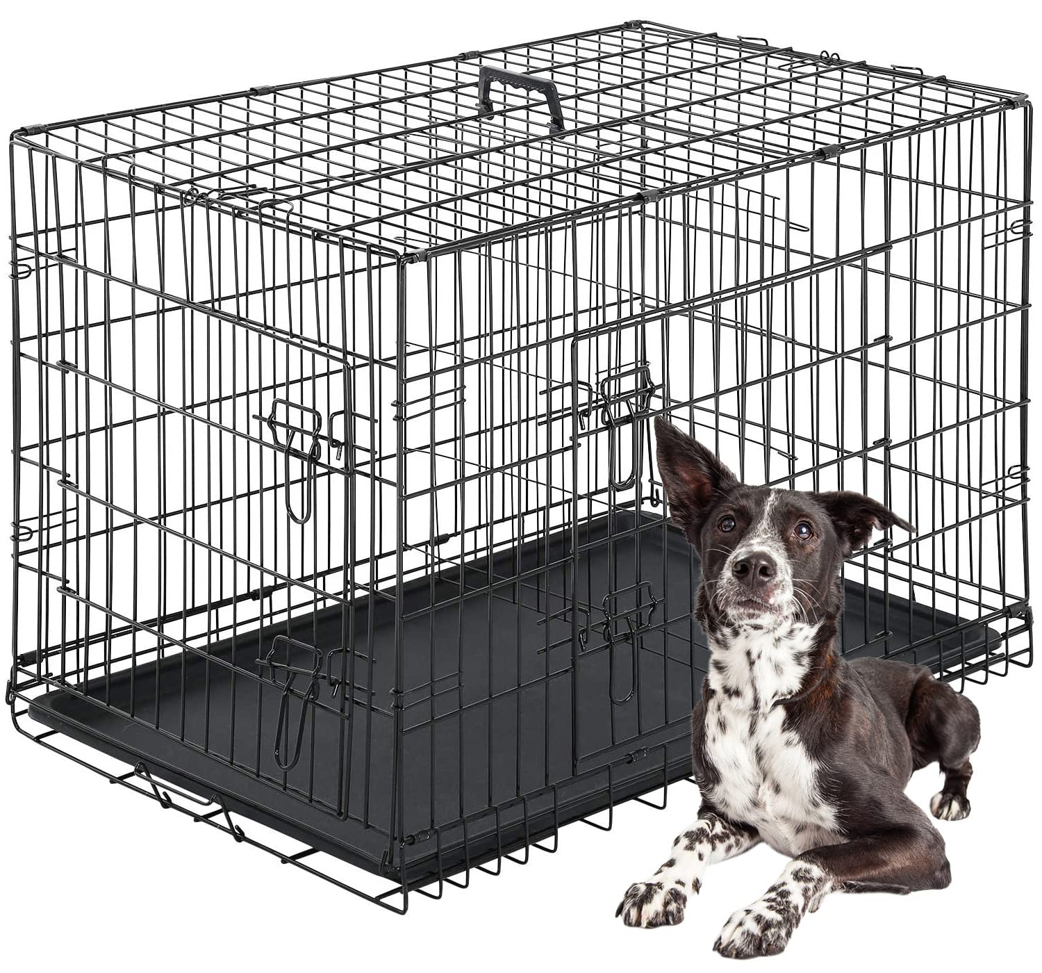 FDW 42-inch folding dog crate front view with double doors for versatile use.