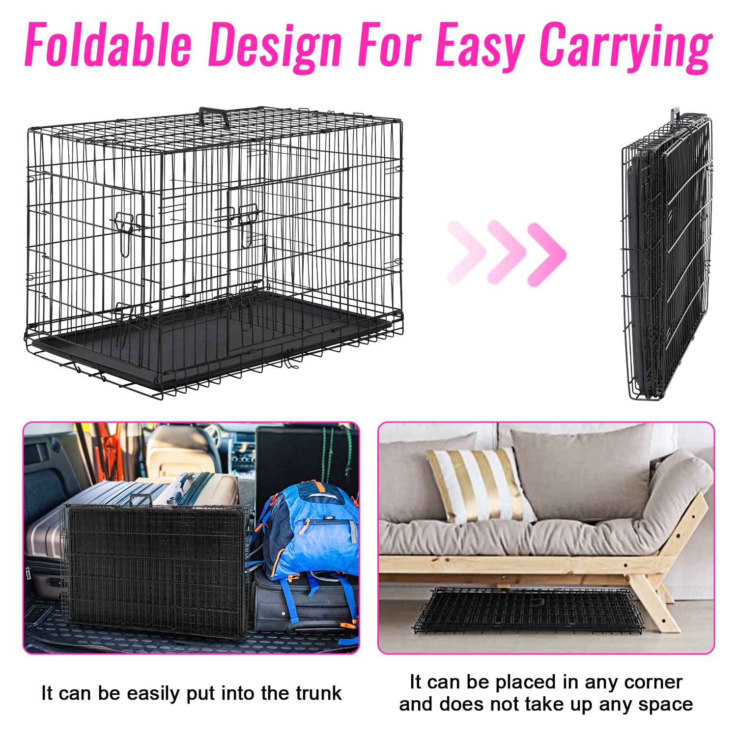 FDW 48-inch dog crate folded for travel and storage.