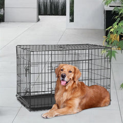 FDW 48-inch dog crate side door open showing convenient two-door design.
