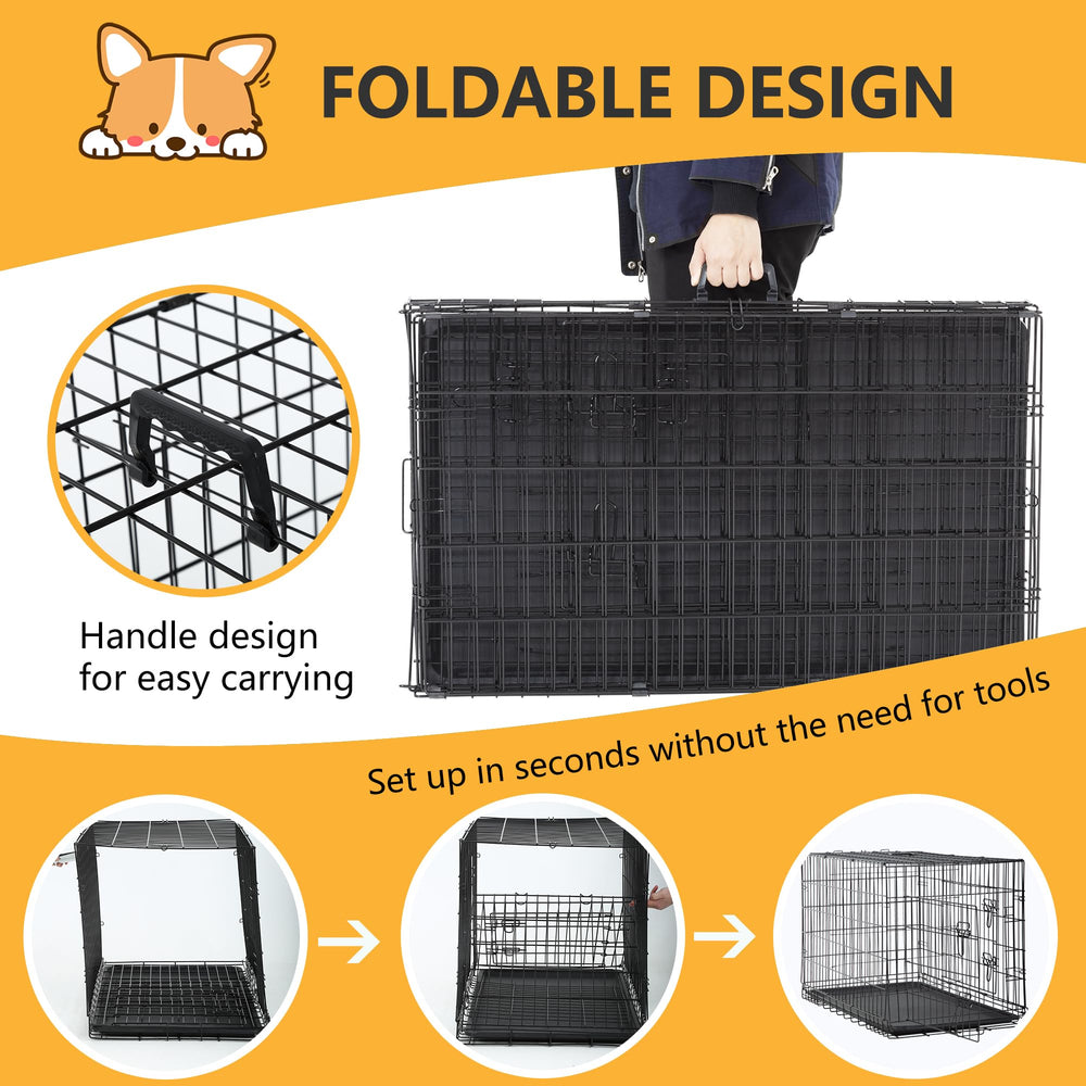 FDW dog crate divider panel illustrates space customization for dog sizes.