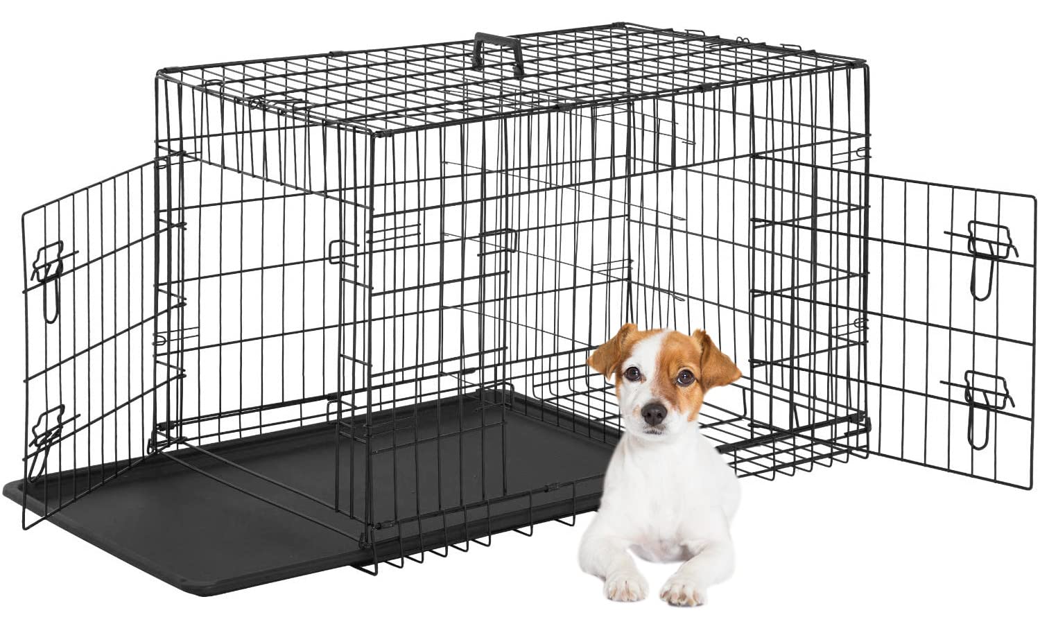 FDW dog crate front door shows dual latches for secure containment.
