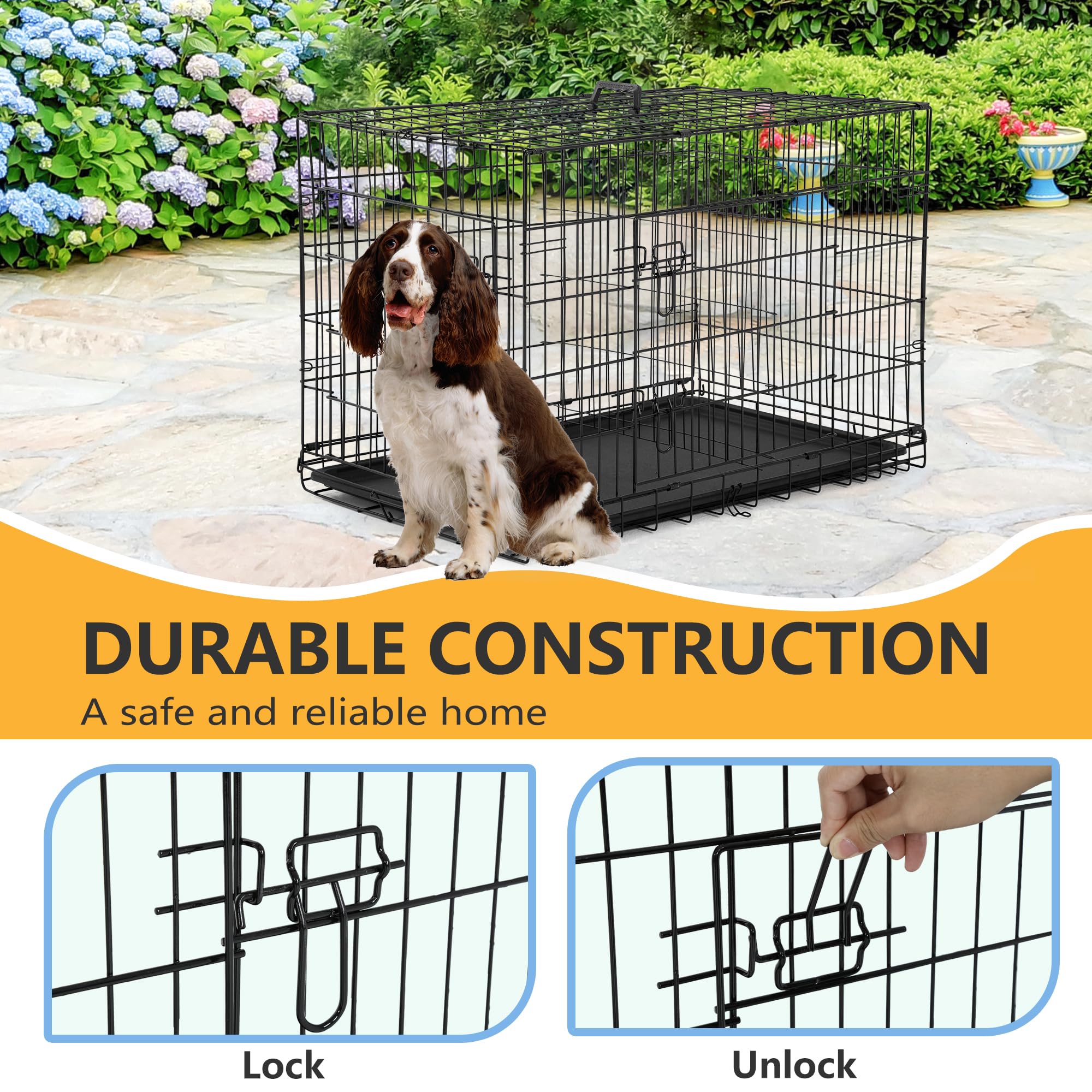 FDW dog crate removable tray for easy cleaning after accidents.