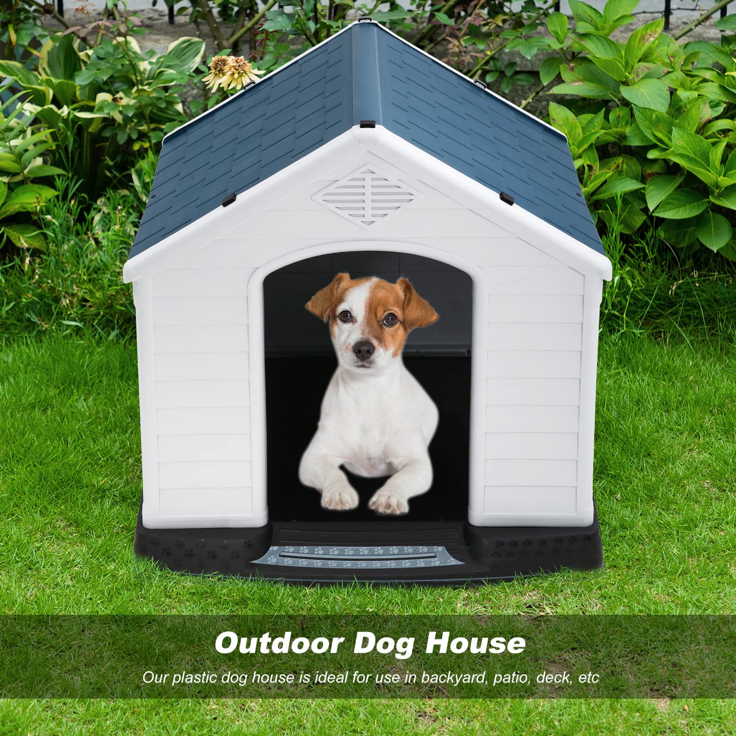 FDW Dog House entrance view highlighting ample space for dogs up to 100 pounds