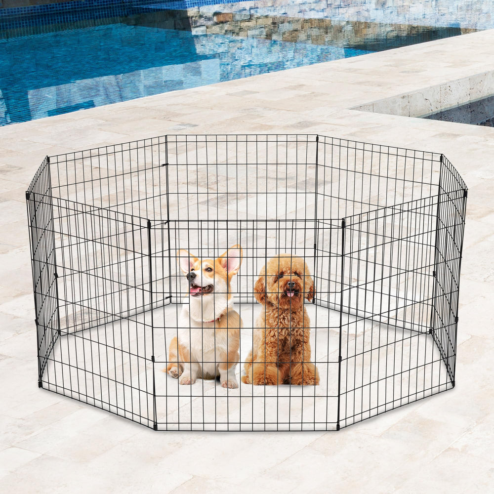 FDW foldable dog pen stores flat for portable transport.