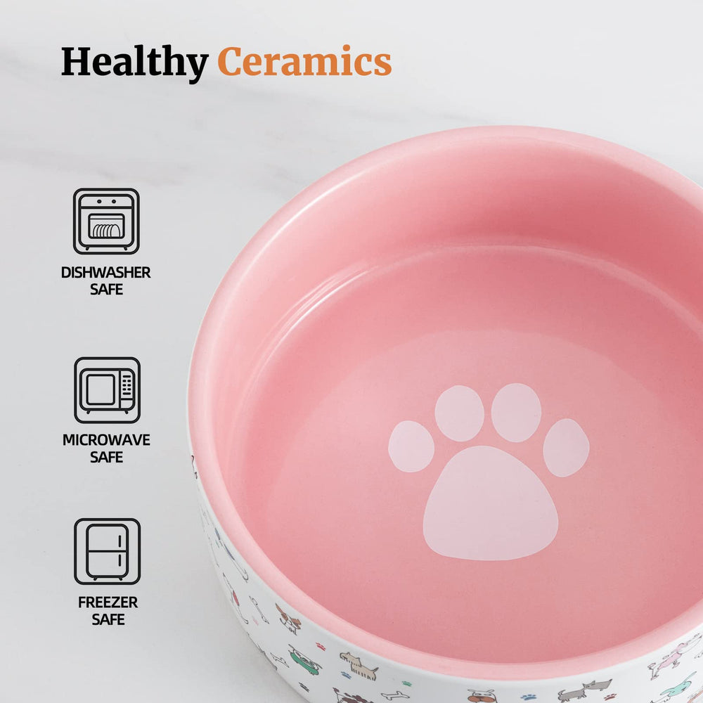 FE FUN ELEMENTS ceramic dog bowl with pink pattern outside, durable and dishwasher-safe.