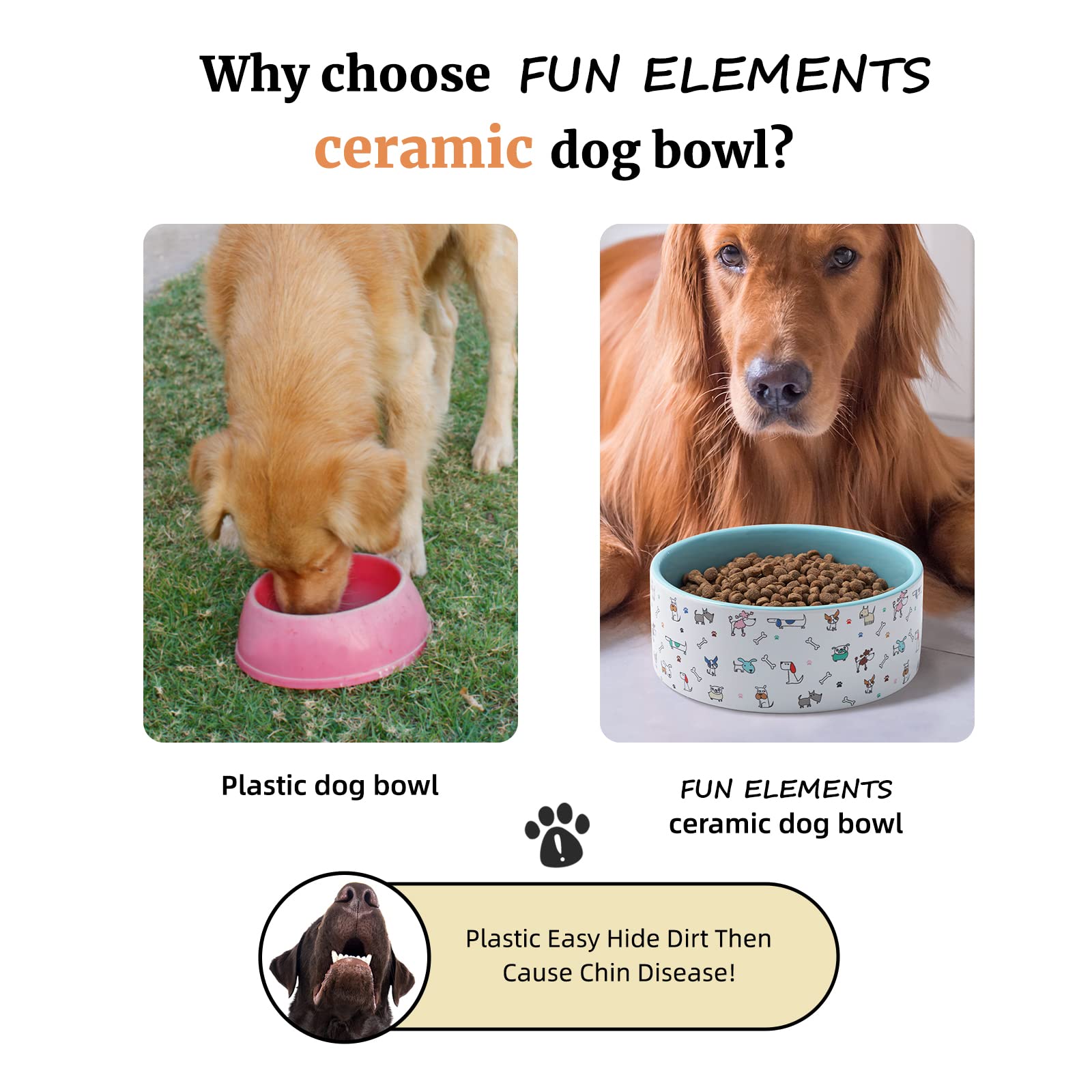 Dishwasher-safe FE FUN ELEMENTS ceramic dog bowl for easy cleaning.