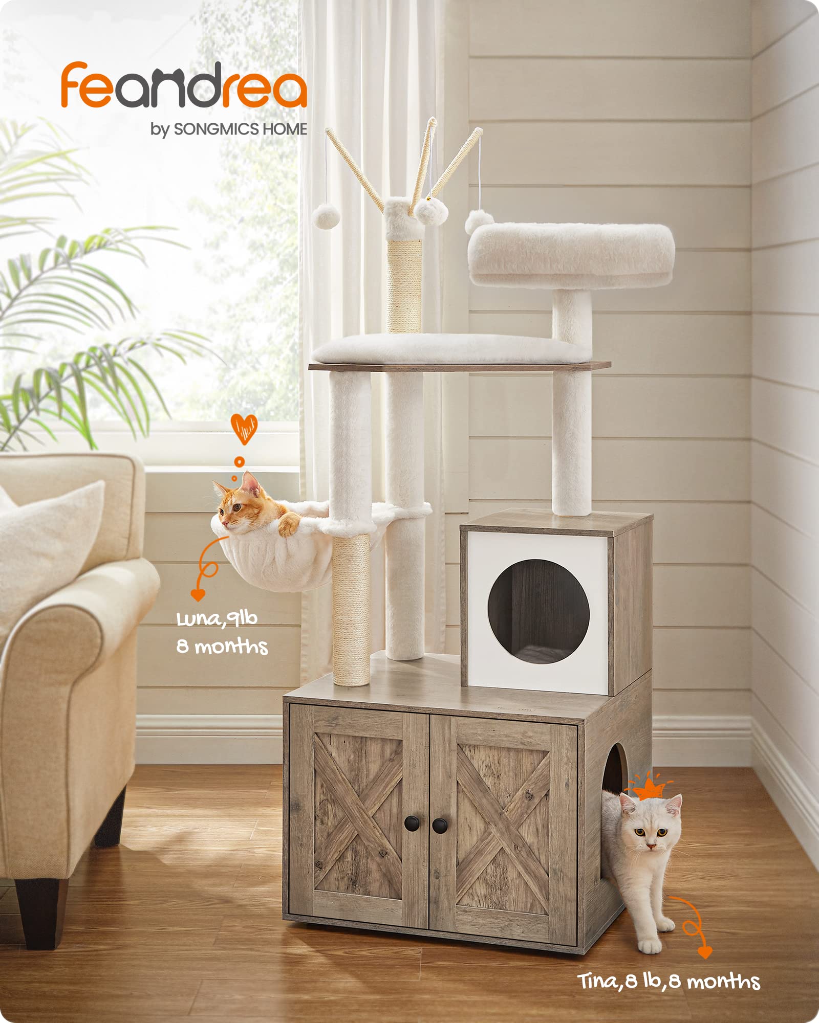 Feandrea 2-in-1 cat condo shown from the side, blends with decor.