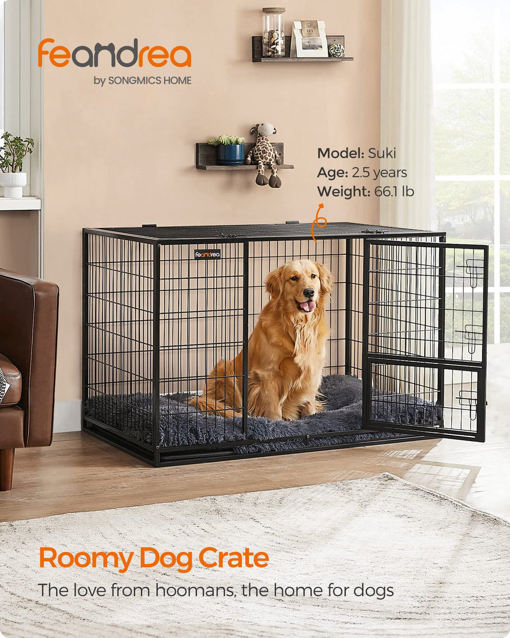 Feandrea 48inch dog crate side view with spacious interior.