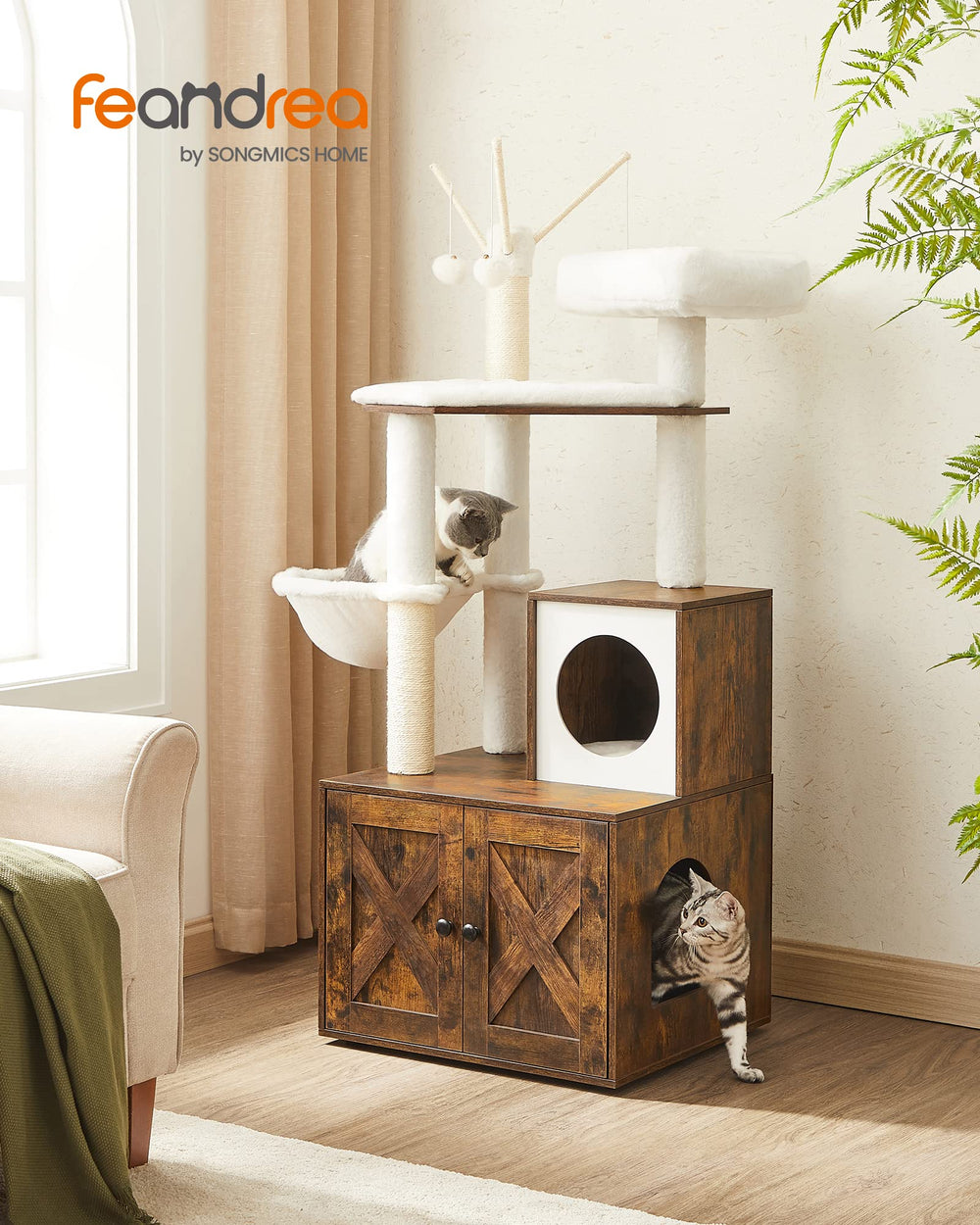 Feandrea 59-inch modern cat tree blends rustic brown and white with style.