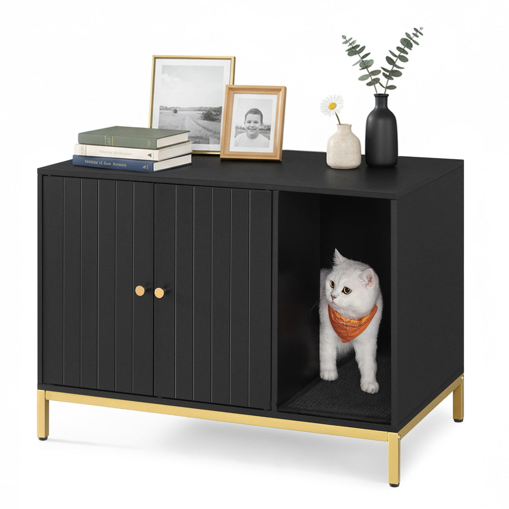 Feandrea Cat Litter Box Enclosure with front entry in black and gold for easy scooping