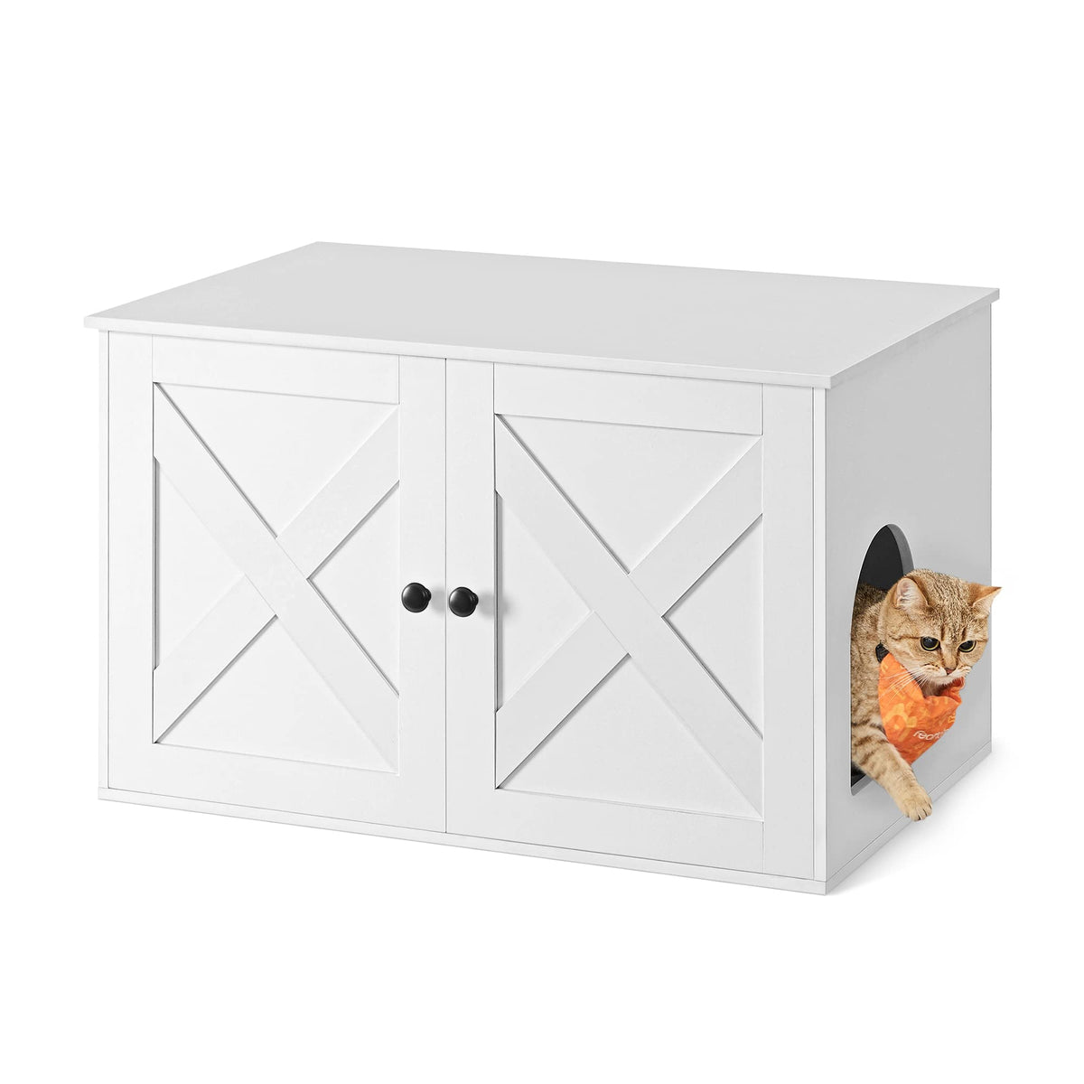 Feandrea cat litter box enclosure with barn doors; discreet design for modern spaces.