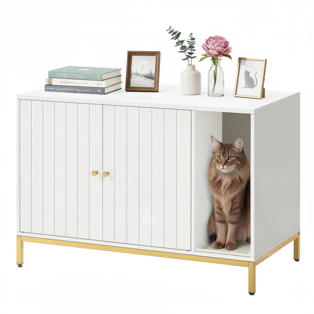 Feandrea cat litter box enclosure front view with privacy and stylish white-gold finish.
