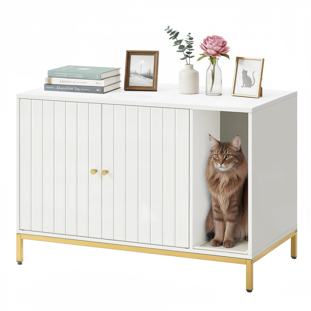 Feandrea cat litter box enclosure front view with privacy and stylish white-gold finish.