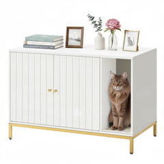 Feandrea cat litter box enclosure front view with privacy and stylish white-gold finish.