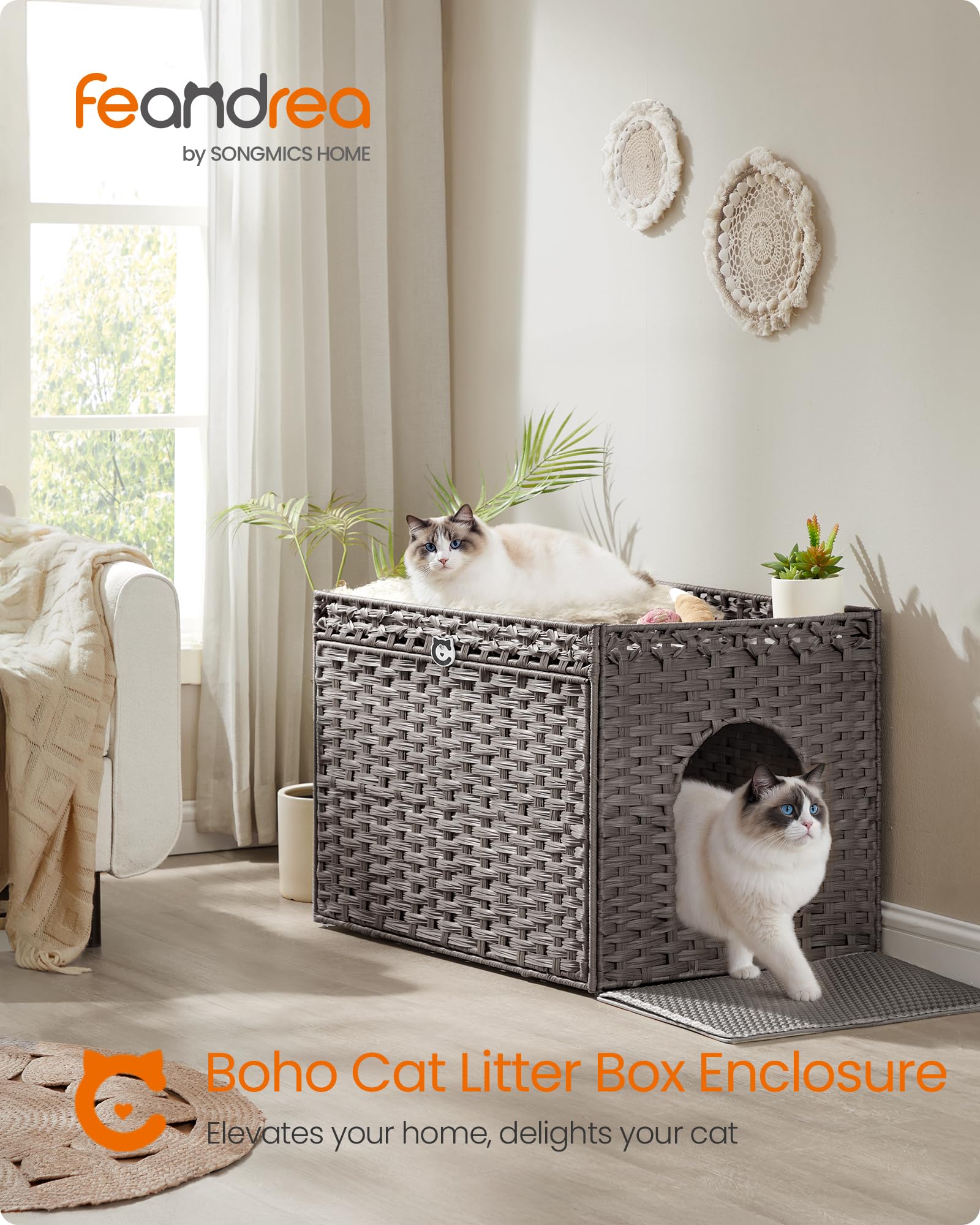Feandrea cat litter box enclosure with open door, easy access for cleaning.