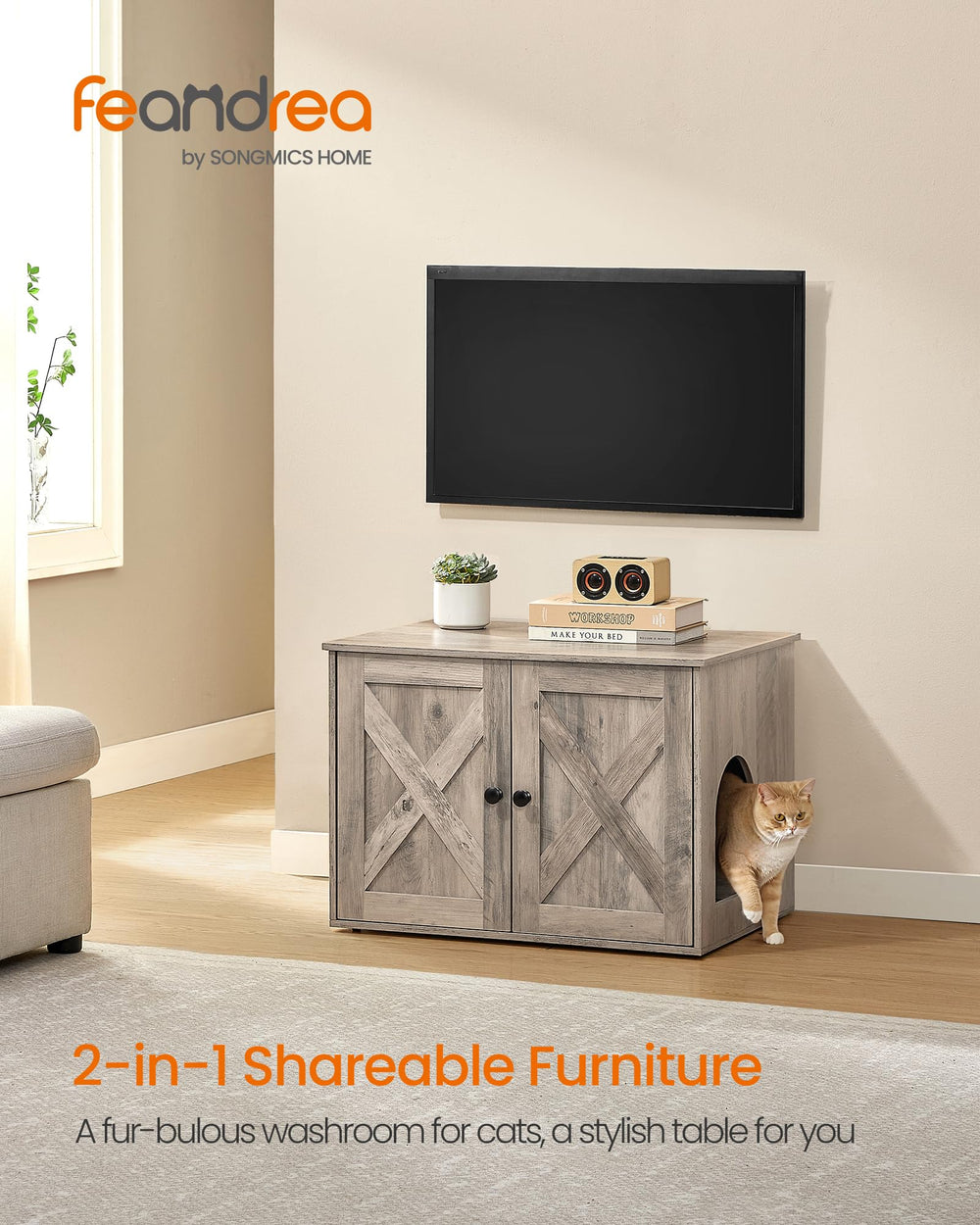 Feandrea enclosure side view highlights compact footprint for small rooms.