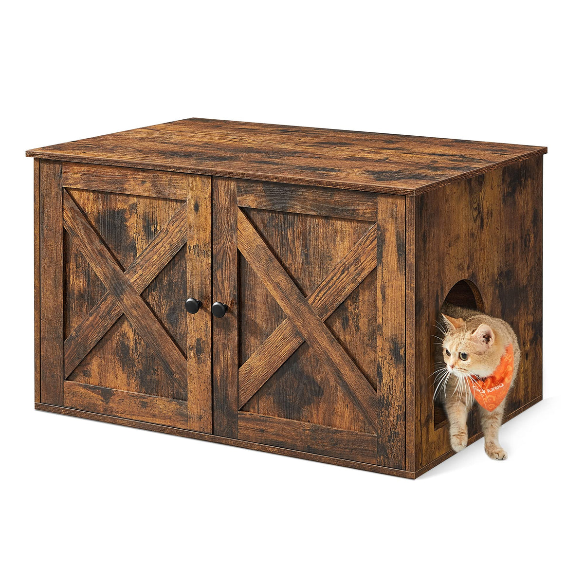Feandrea cat litter enclosure with rustic end-table doors adds style while concealing litter mess