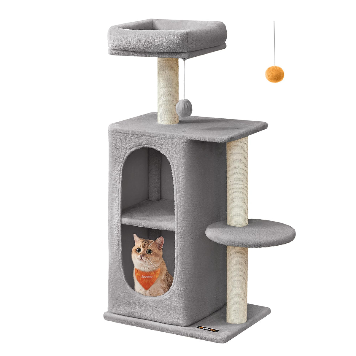 Feandrea Cat Tree 2-Level Condo shown in a compact living space for versatile lounging.