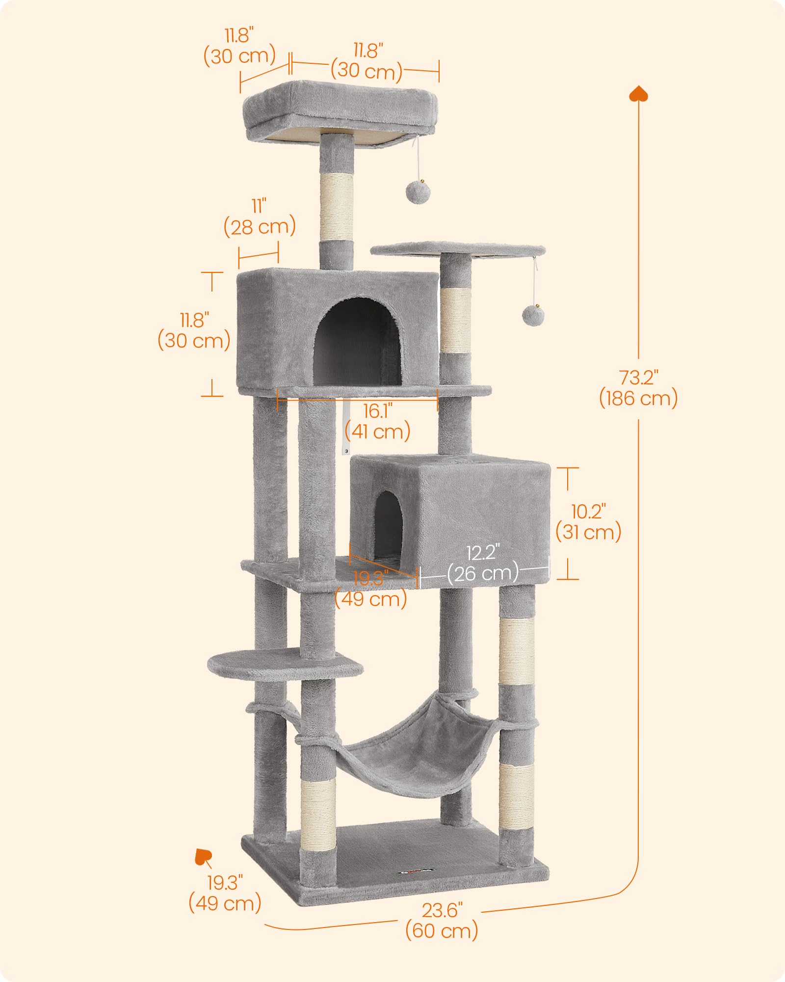 Feandrea Cat Tree pompoms encourage batting and play.