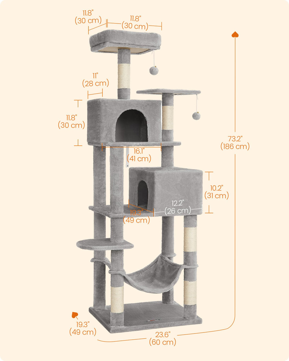 Feandrea Cat Tree pompoms encourage batting and play.