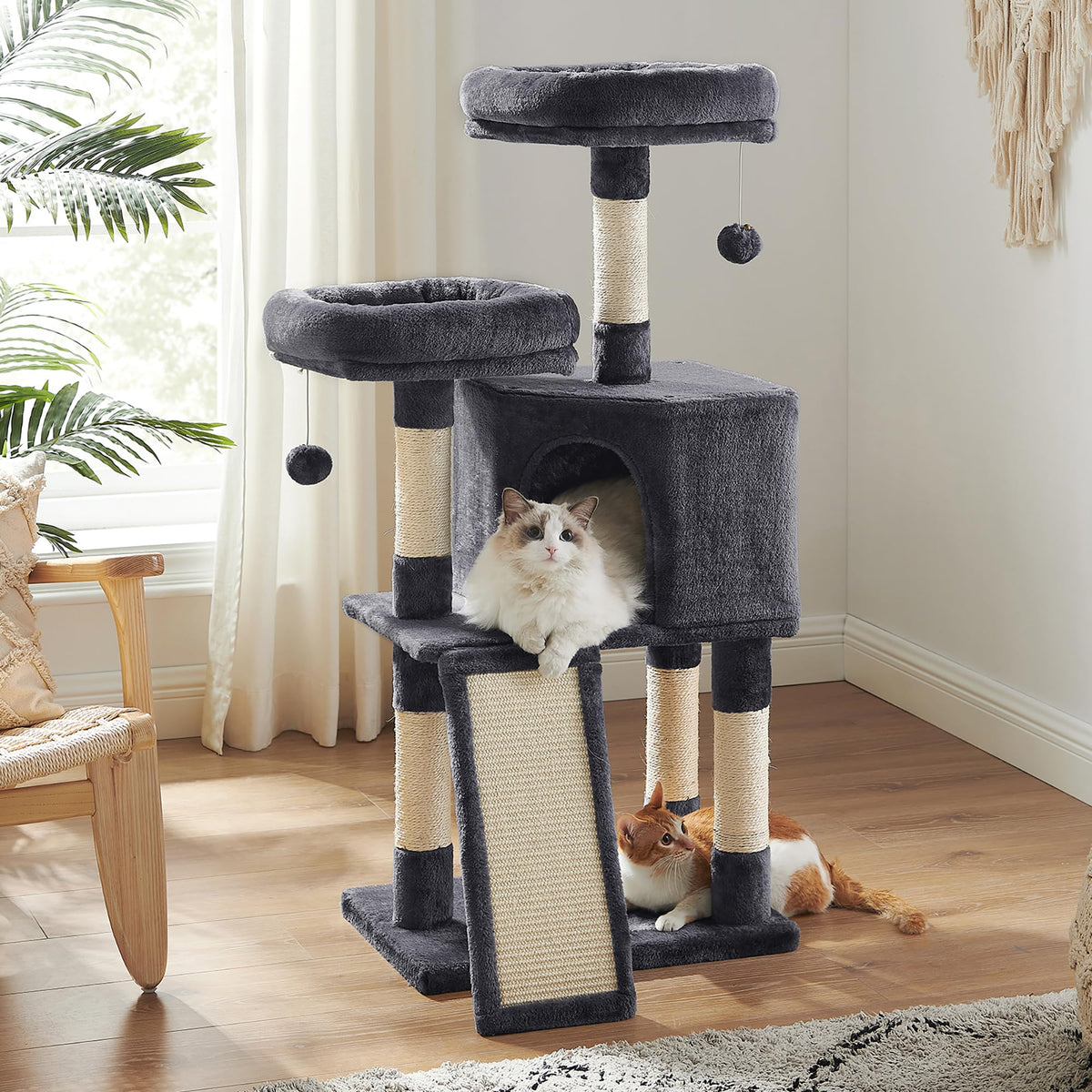 Feandrea Cat Tree 45inch Top Perches offer cozy resting spots for cats.