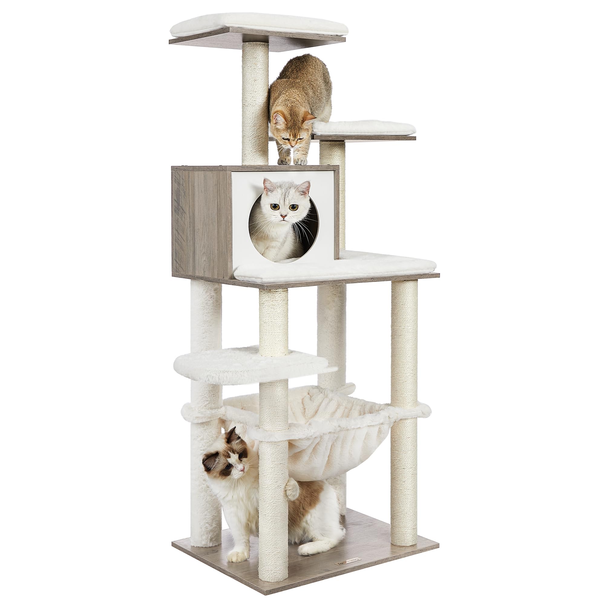 Feandrea cat tree 56-inch tower perches offer secure climbing and lounging.