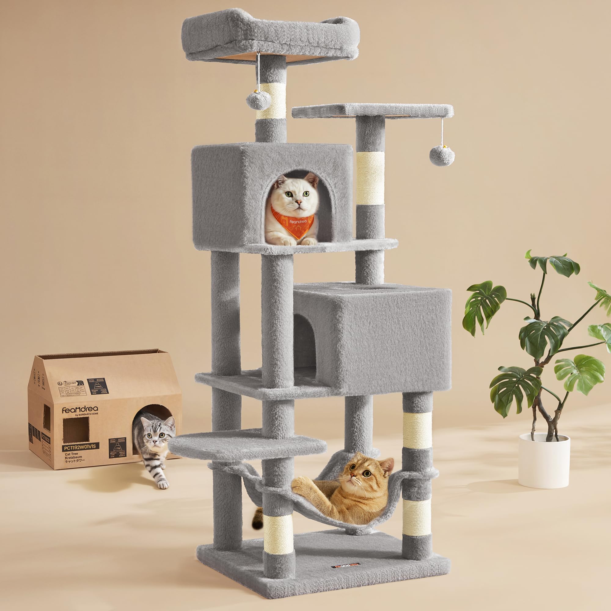 Feandrea cat tree top perch view for lounging and observation in a busy multi-cat home.