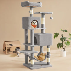 Feandrea cat tree top perch view for lounging and observation in a busy multi-cat home.