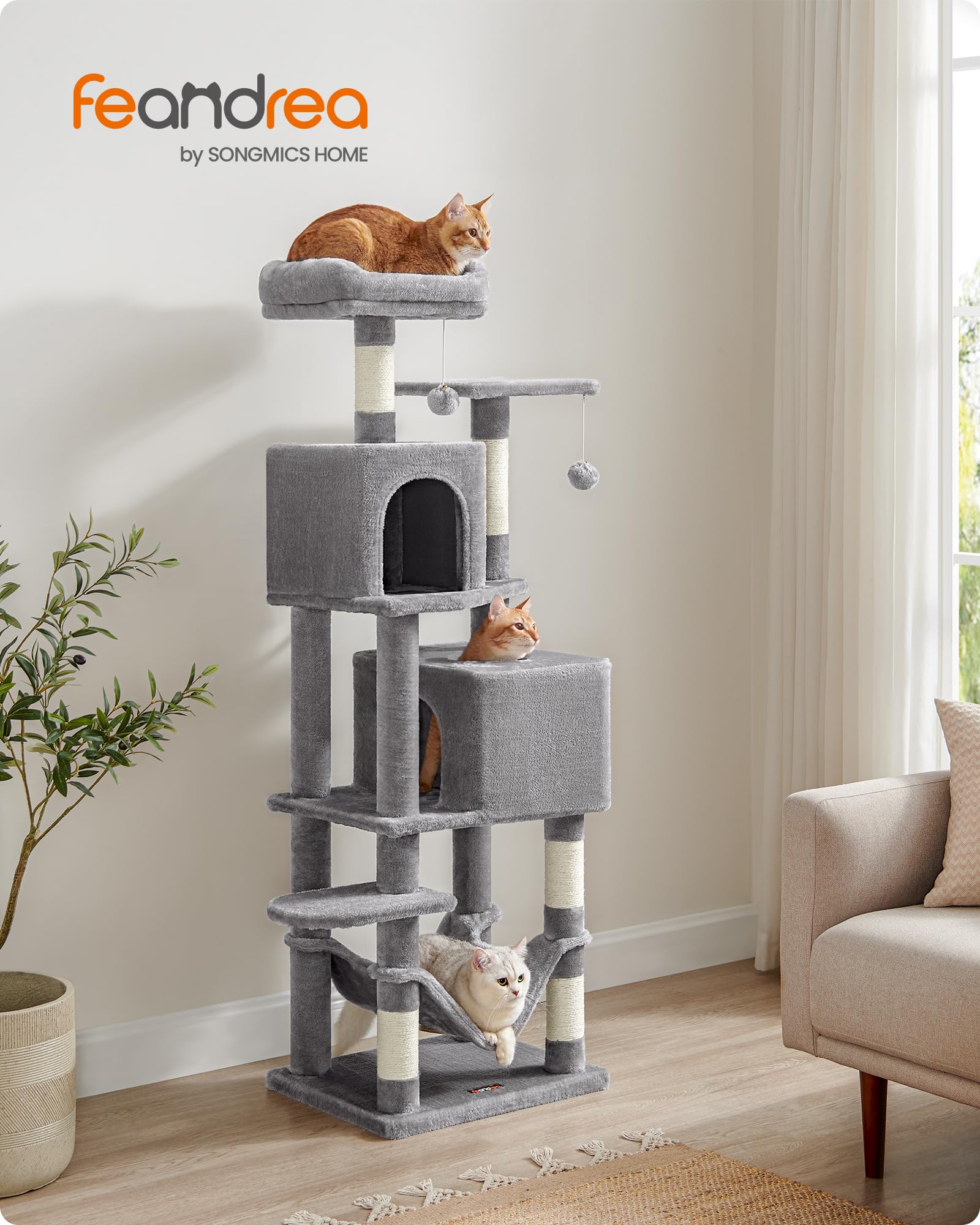 Feandrea cat tree double caves offering cozy hideaways and privacy for shy cats.