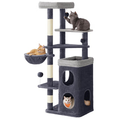 Feandrea 60-Inch Cat Tree front view highlights sturdy frame for multi-cat homes