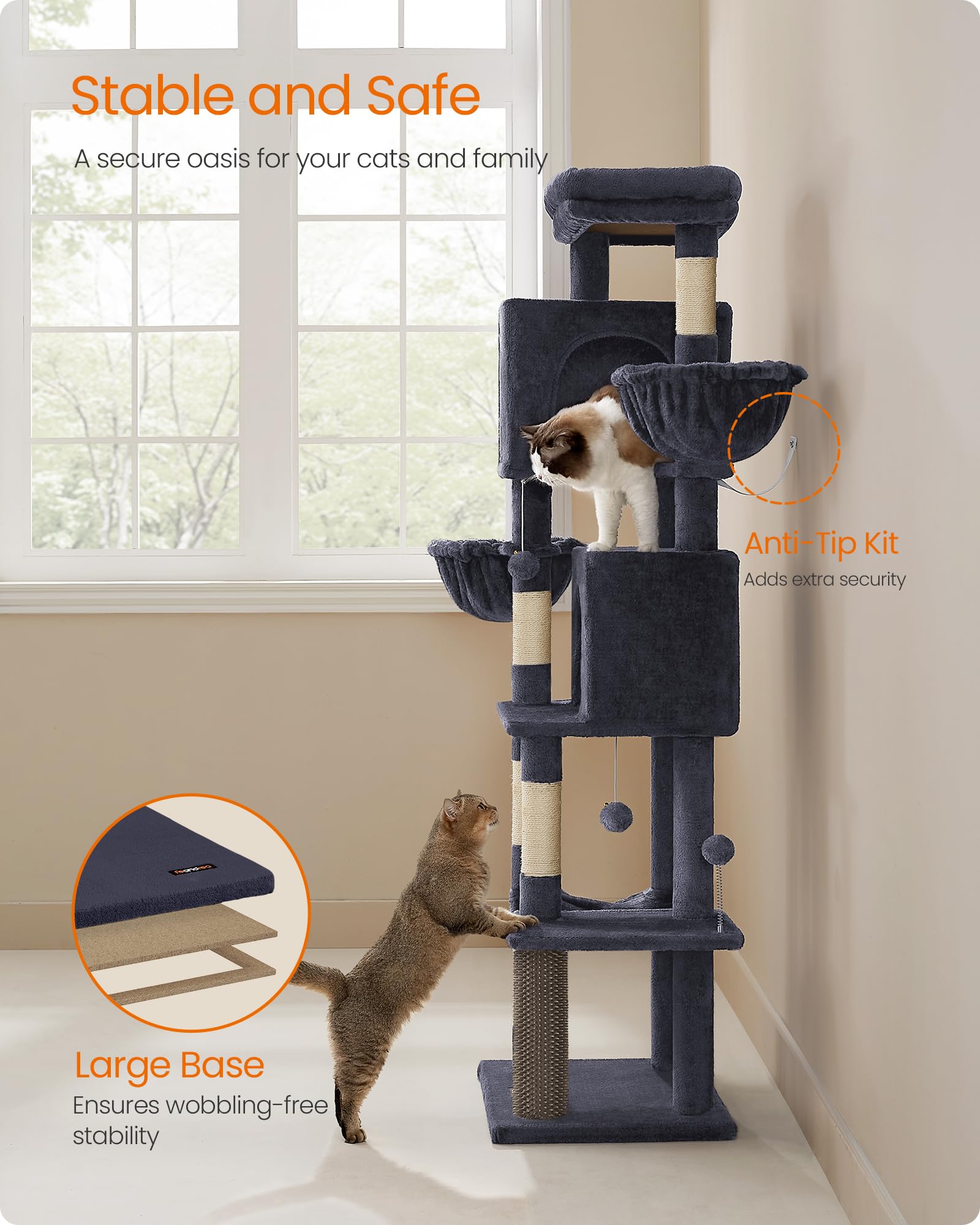 Feandrea cat tree anti-tip assembly ensures a stable setup during play.