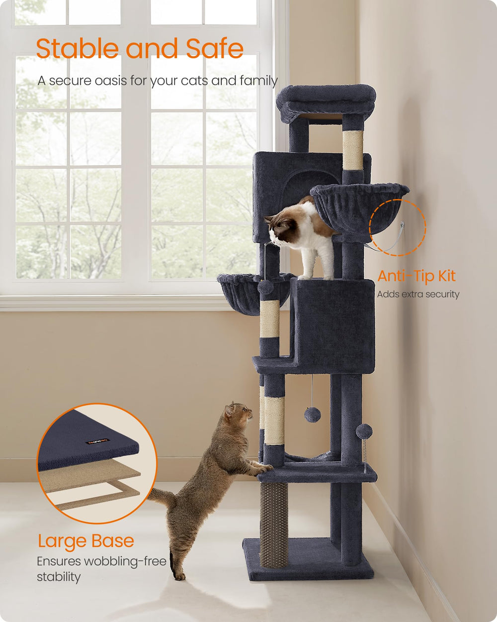 Feandrea cat tree anti-tip assembly ensures a stable setup during play.