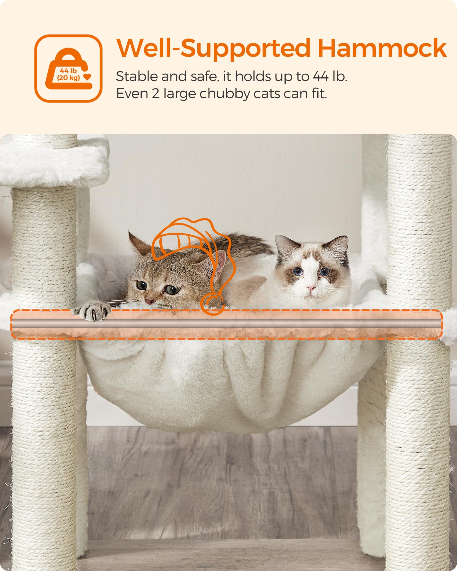 Feandrea cat tree anti-tip base keeps a multi-cat setup stable.