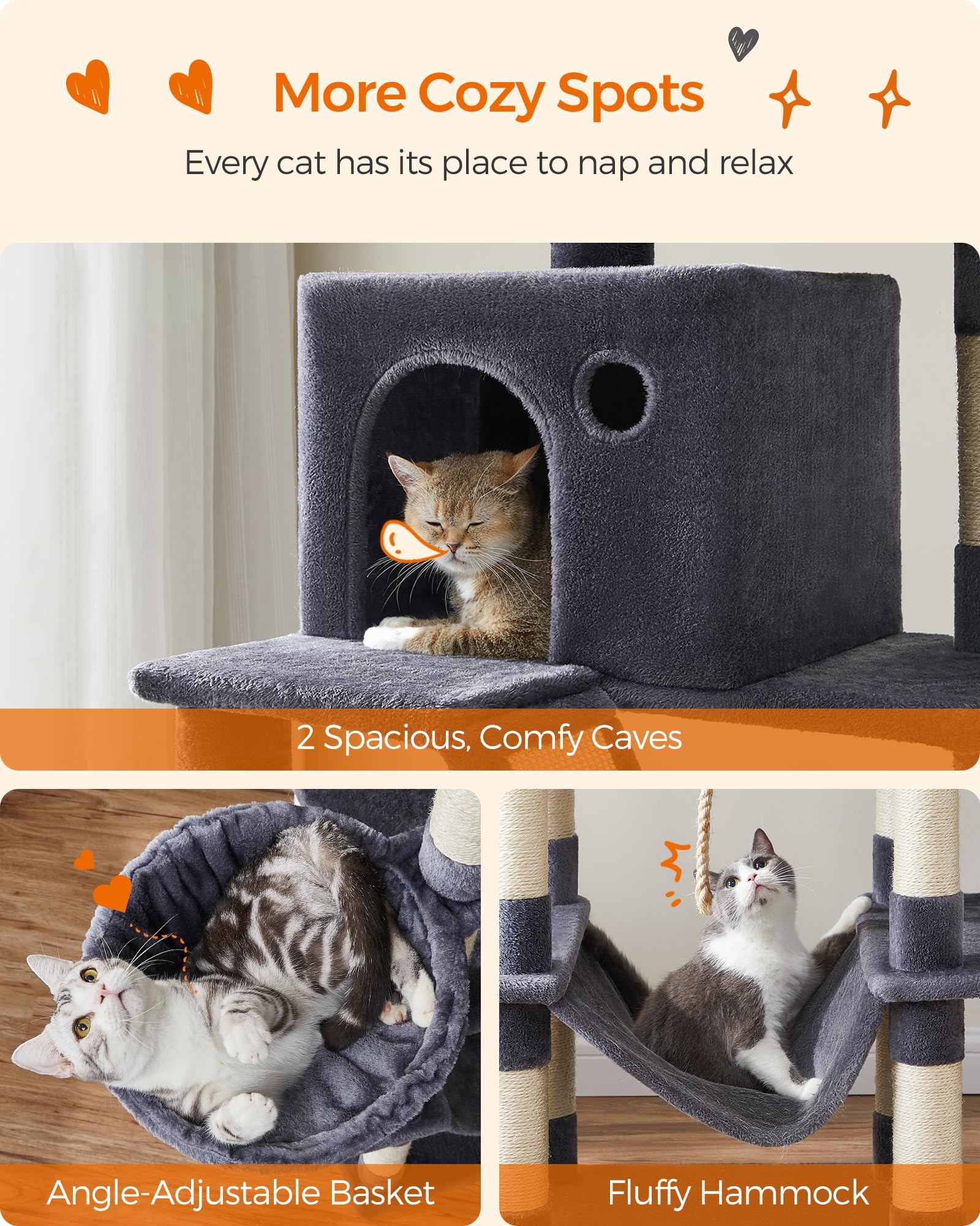 Feandrea cat tree anti-tip base ensures stable play