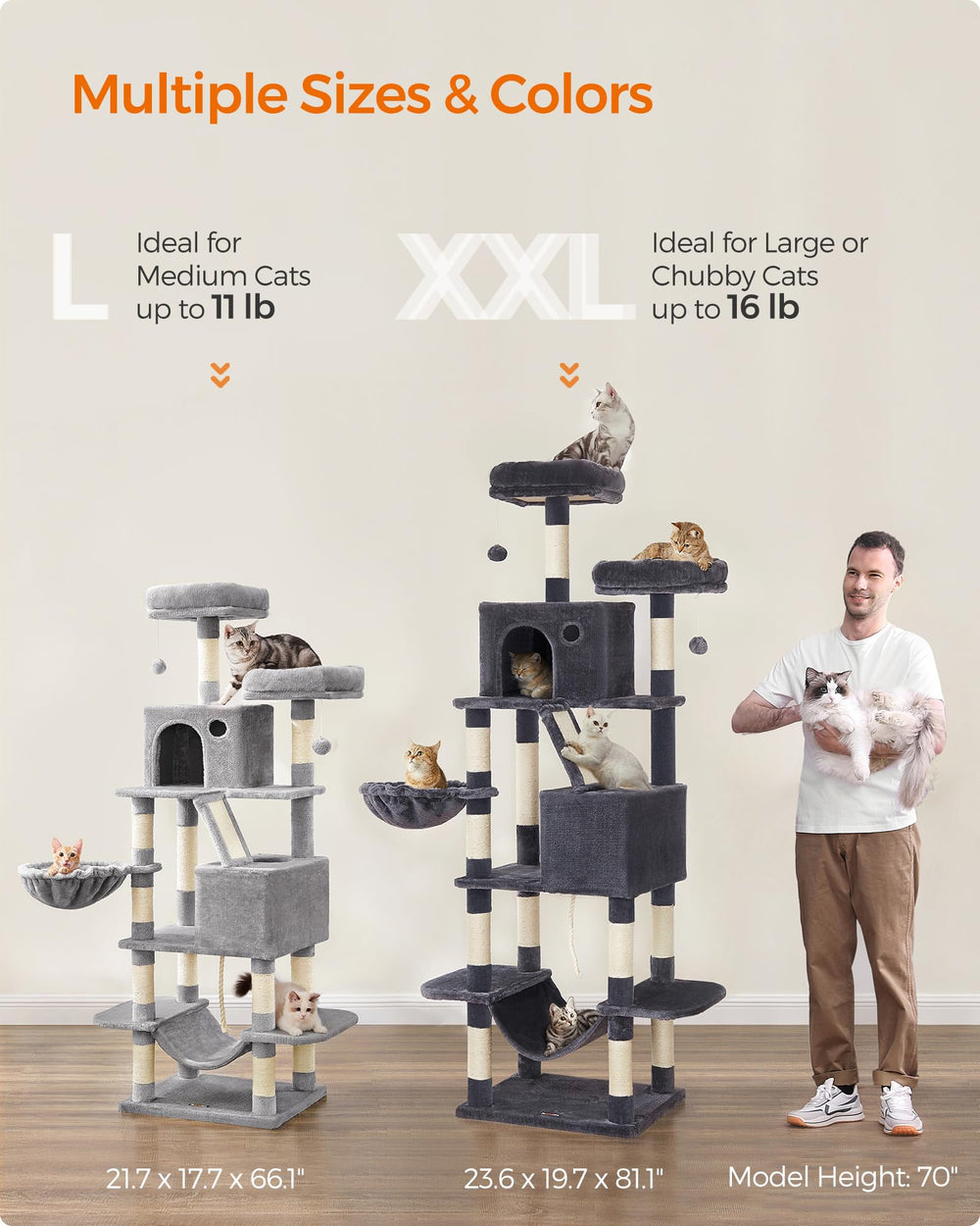 Feandrea cat tree uses a sturdy base with anti-tip safety kit.