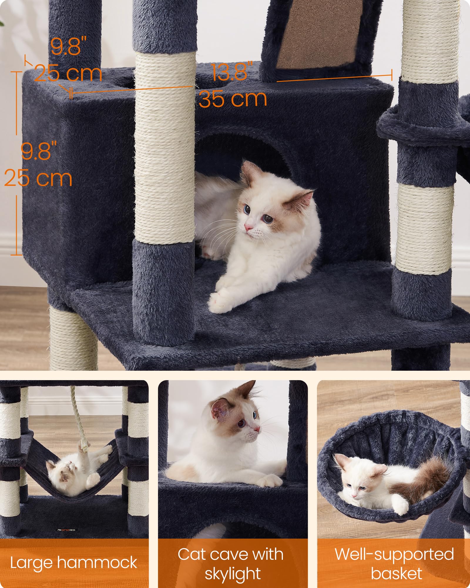 Feandrea cat tree anti-tip base adds stability during shared play.