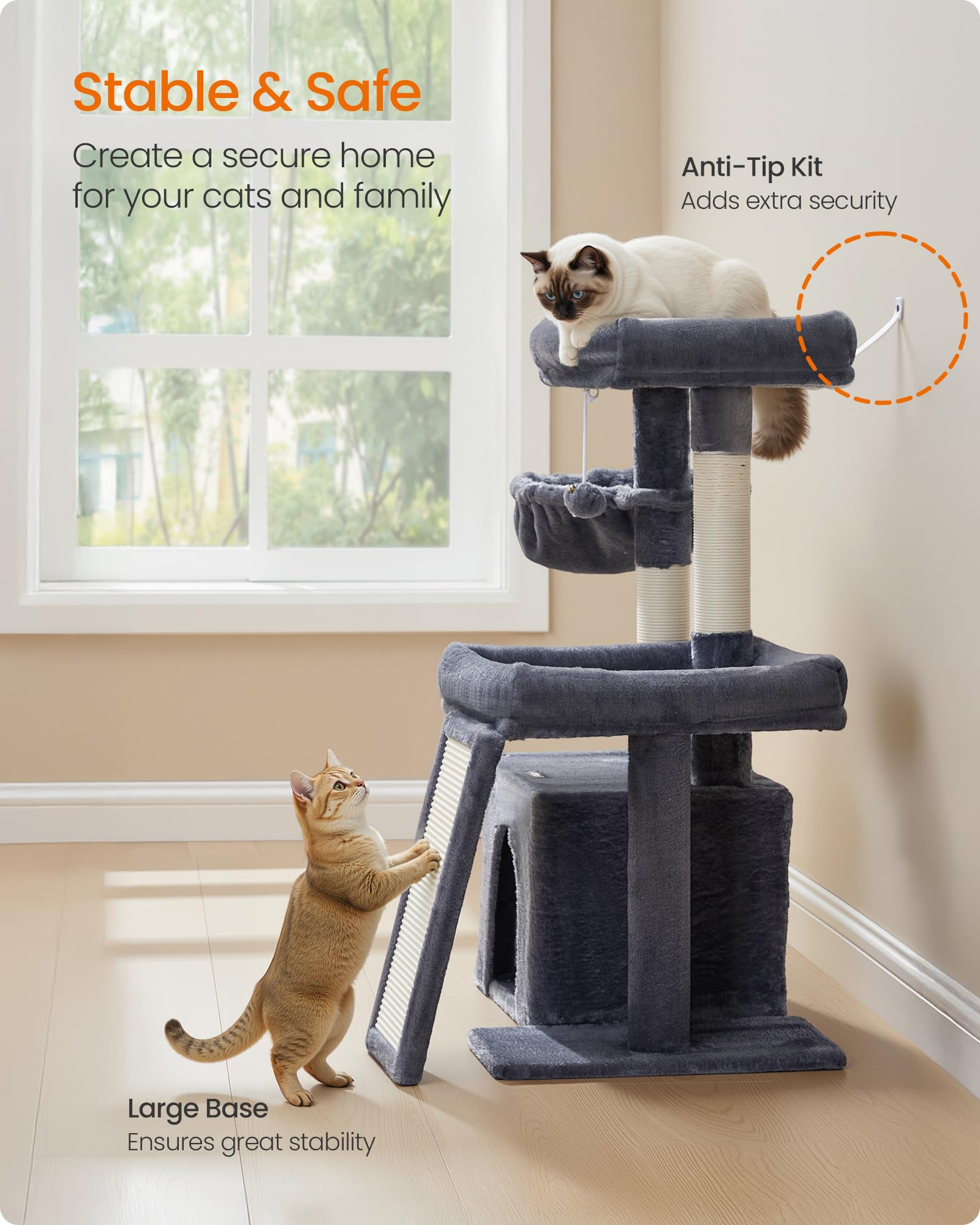 Feandrea Cat Tree anti-tip base enhances stability during energetic play