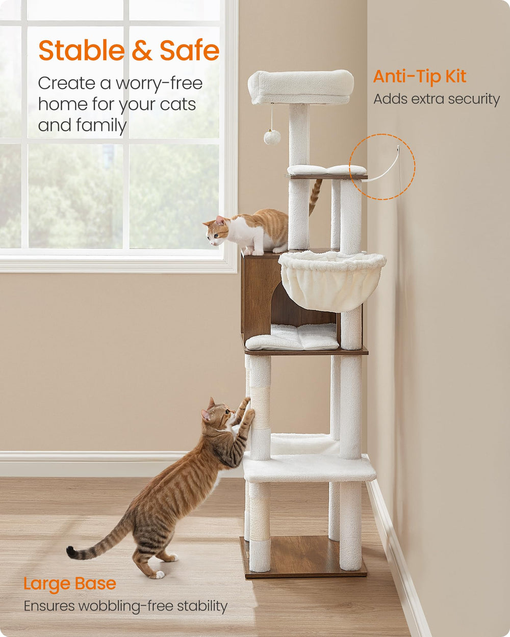 Feandrea cat tree anti-tip kit enhances stability for safe climbing and lounging.