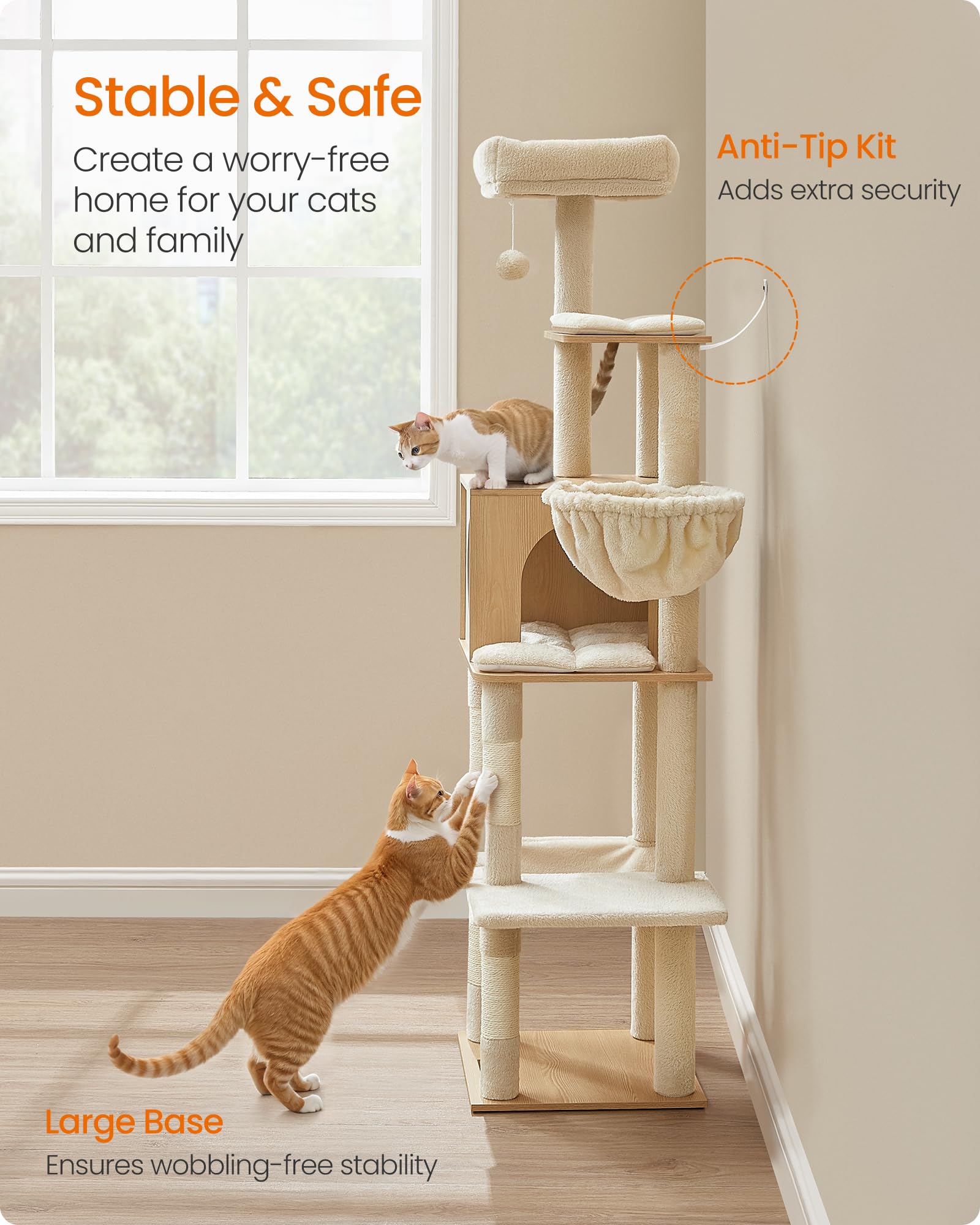 Feandrea cat tree anti-tip kit enhances stability during active use