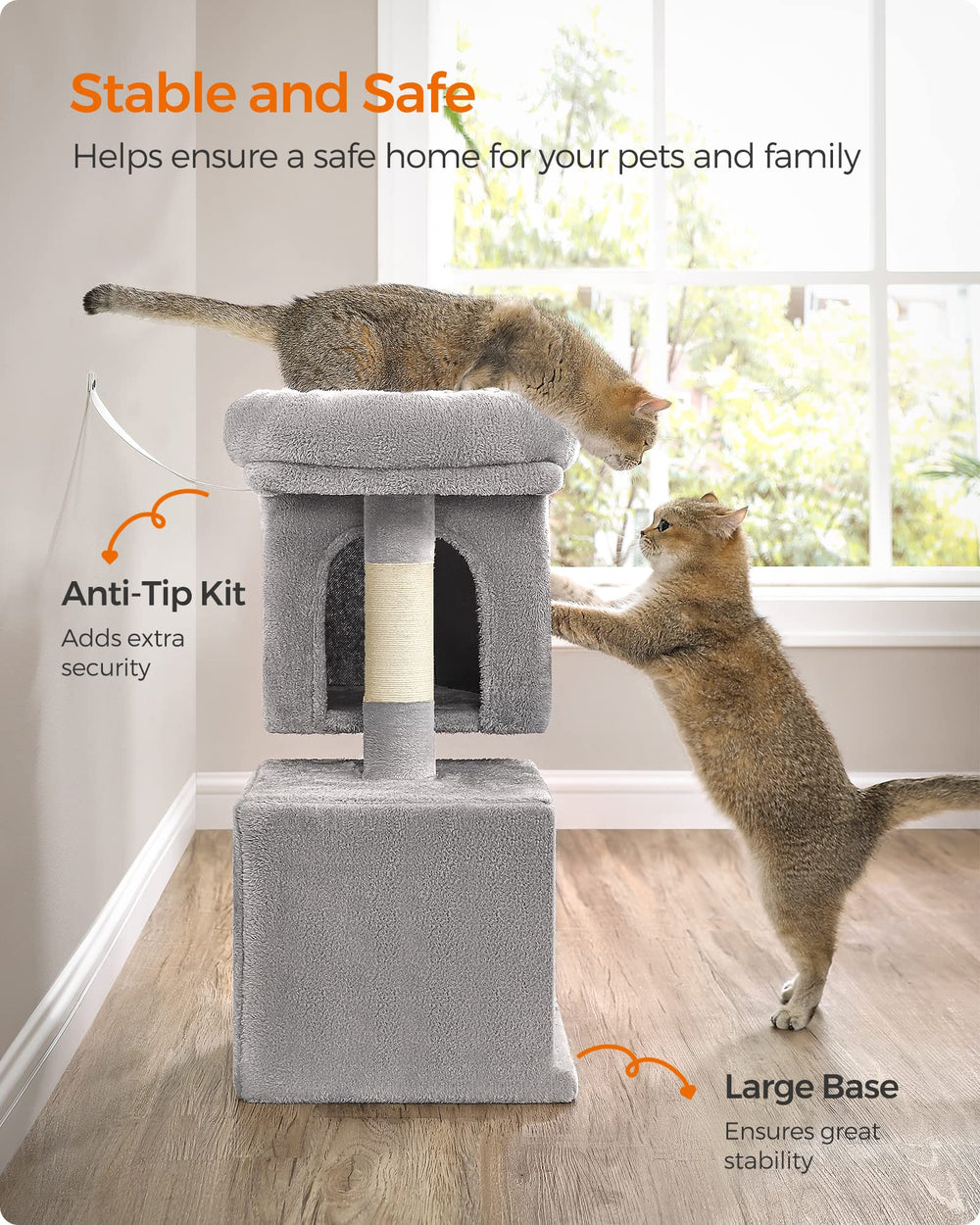 Feandrea cat tree anti-tip kit increases stability for indoor play.