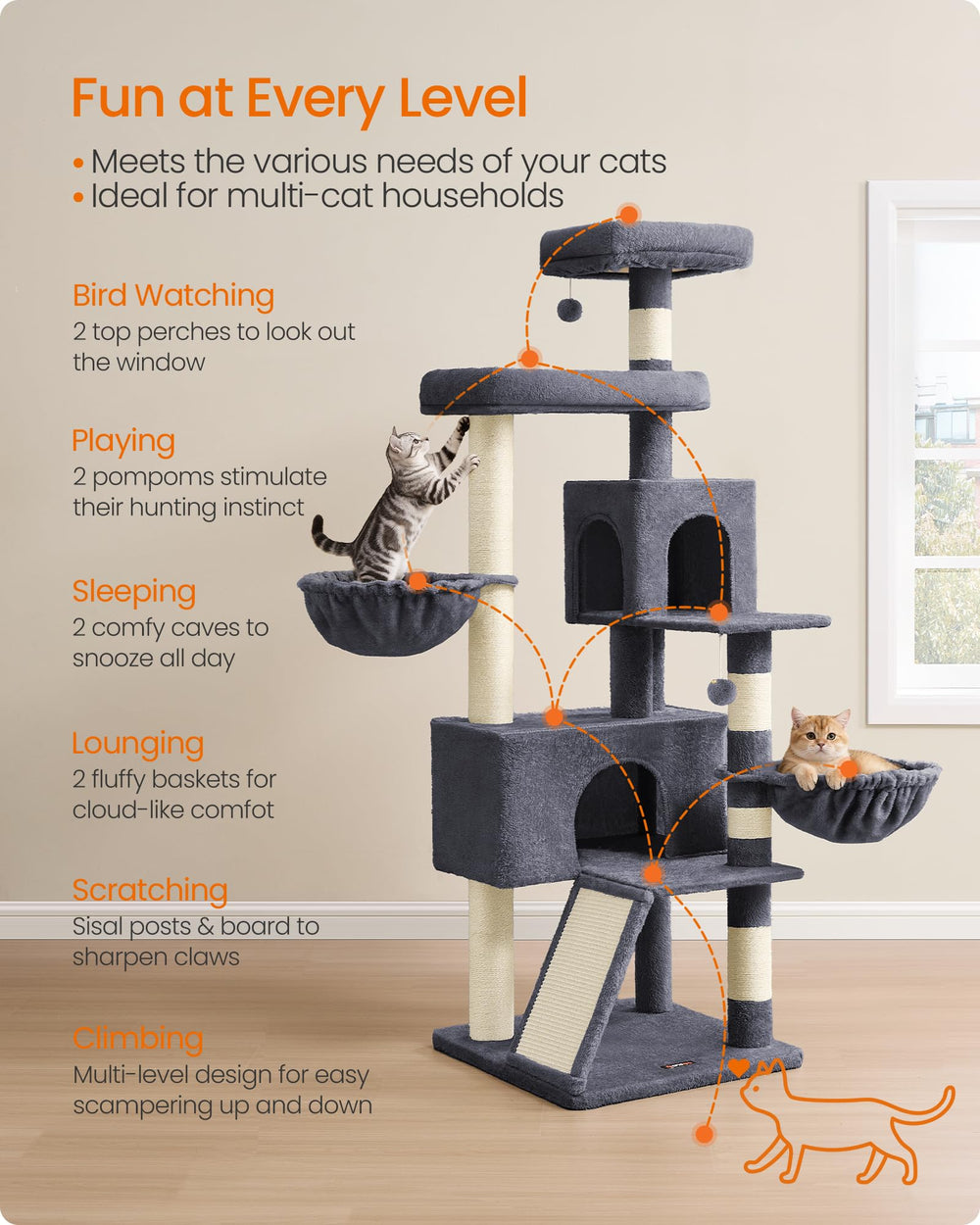 Feandrea cat tree anti-tip kit enhancing stability during activity