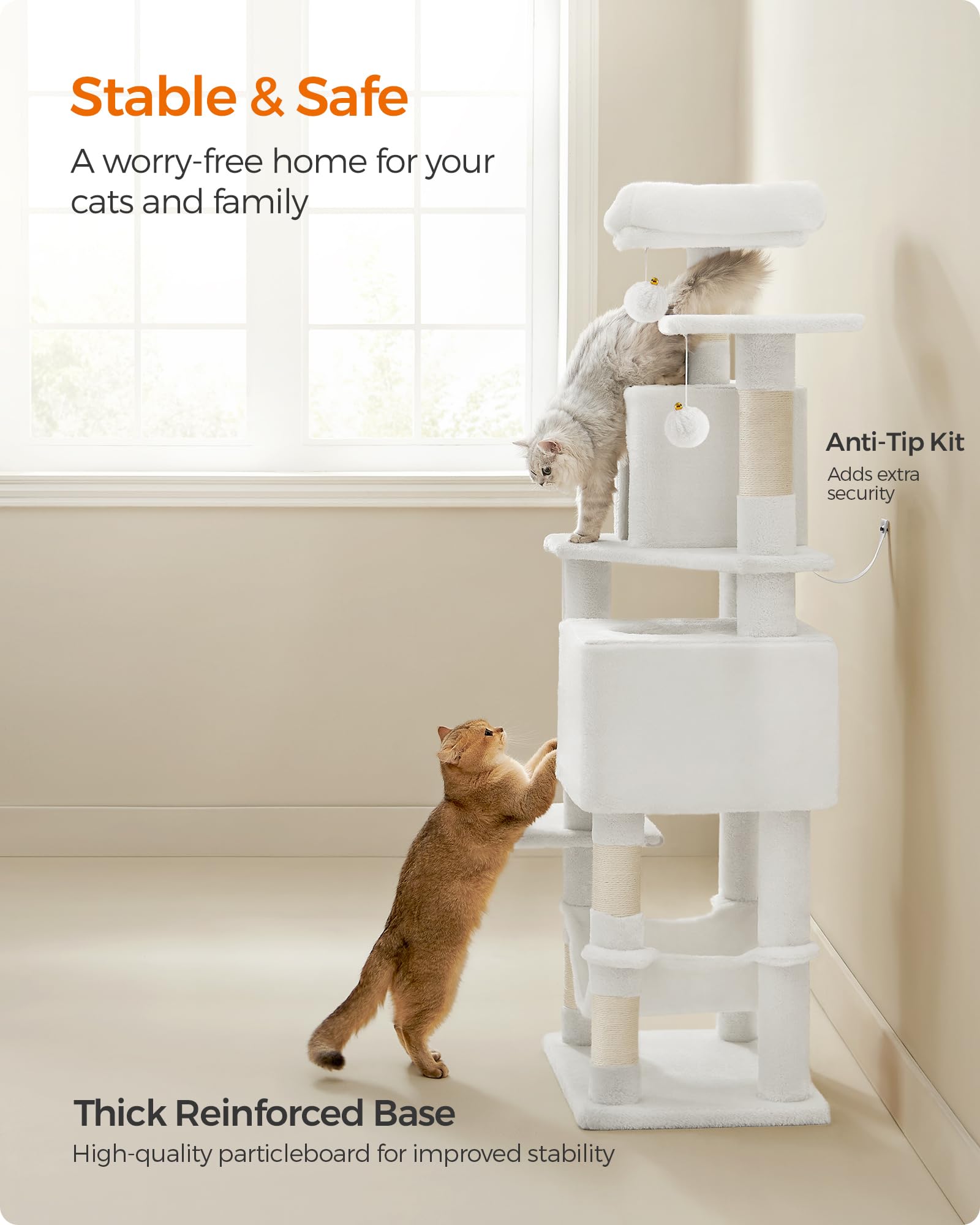 Feandrea cat tree assembly with universal screws for straightforward setup.